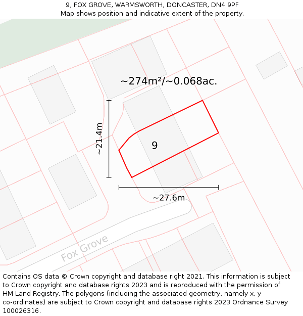 9, FOX GROVE, WARMSWORTH, DONCASTER, DN4 9PF: Plot and title map