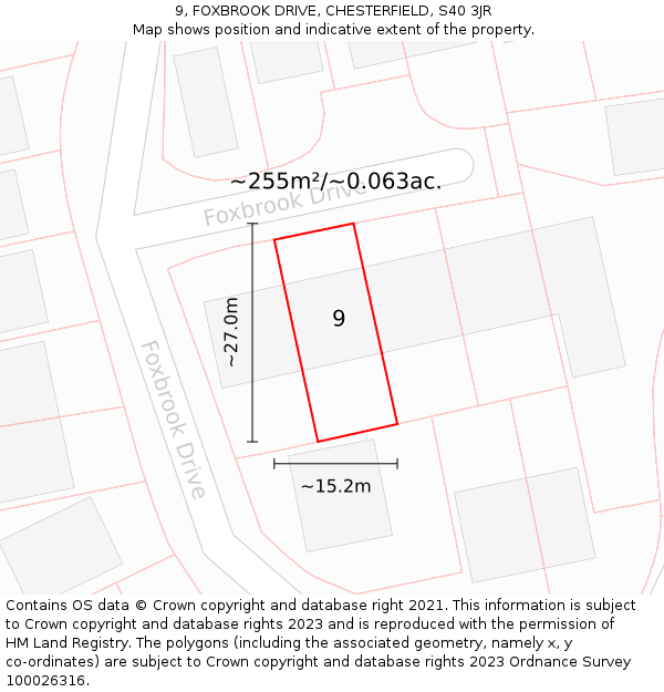 9, FOXBROOK DRIVE, CHESTERFIELD, S40 3JR: Plot and title map