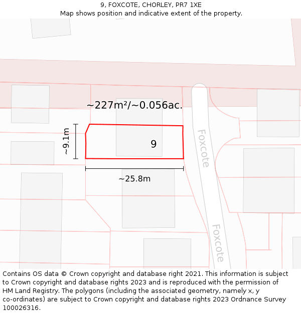 9, FOXCOTE, CHORLEY, PR7 1XE: Plot and title map