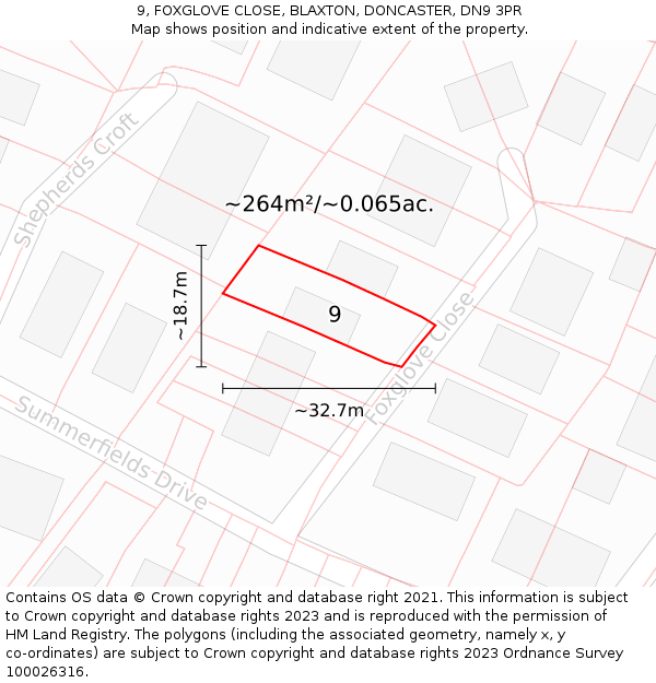 9, FOXGLOVE CLOSE, BLAXTON, DONCASTER, DN9 3PR: Plot and title map