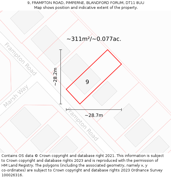 9, FRAMPTON ROAD, PIMPERNE, BLANDFORD FORUM, DT11 8UU: Plot and title map