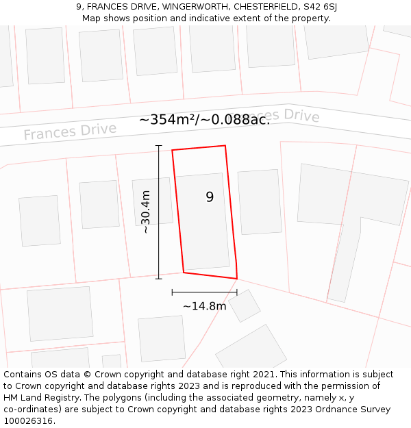 9, FRANCES DRIVE, WINGERWORTH, CHESTERFIELD, S42 6SJ: Plot and title map