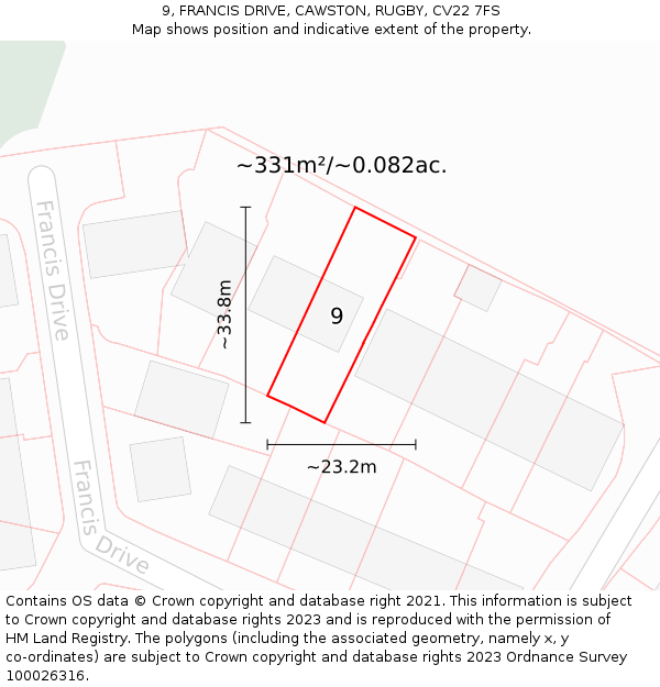 9, FRANCIS DRIVE, CAWSTON, RUGBY, CV22 7FS: Plot and title map