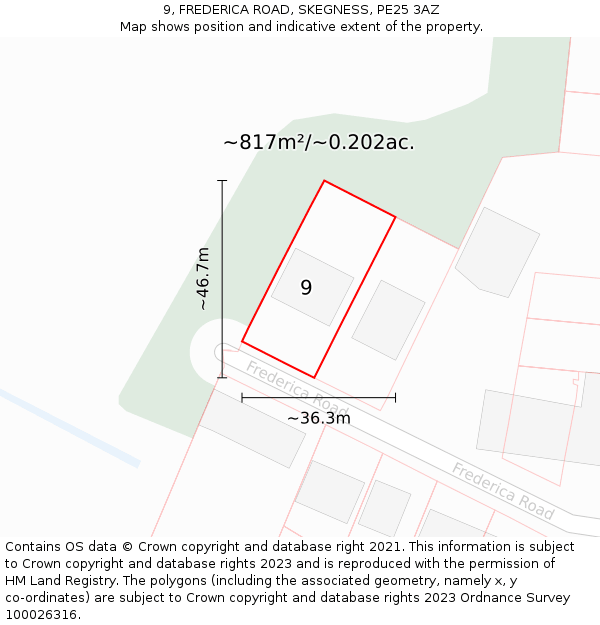 9, FREDERICA ROAD, SKEGNESS, PE25 3AZ: Plot and title map