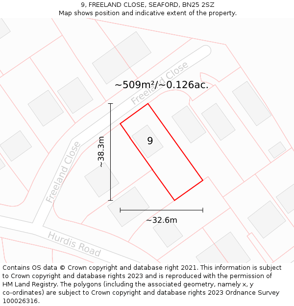 9, FREELAND CLOSE, SEAFORD, BN25 2SZ: Plot and title map