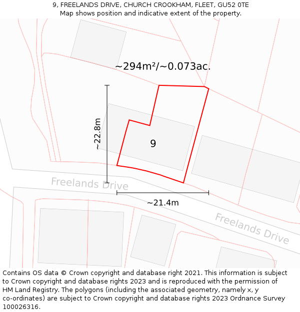 9, FREELANDS DRIVE, CHURCH CROOKHAM, FLEET, GU52 0TE: Plot and title map