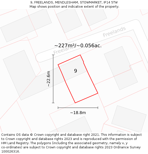 9, FREELANDS, MENDLESHAM, STOWMARKET, IP14 5TW: Plot and title map