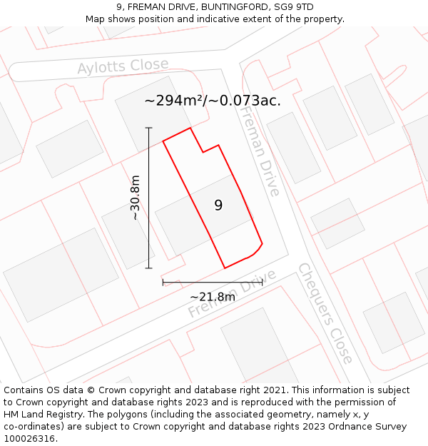 9, FREMAN DRIVE, BUNTINGFORD, SG9 9TD: Plot and title map