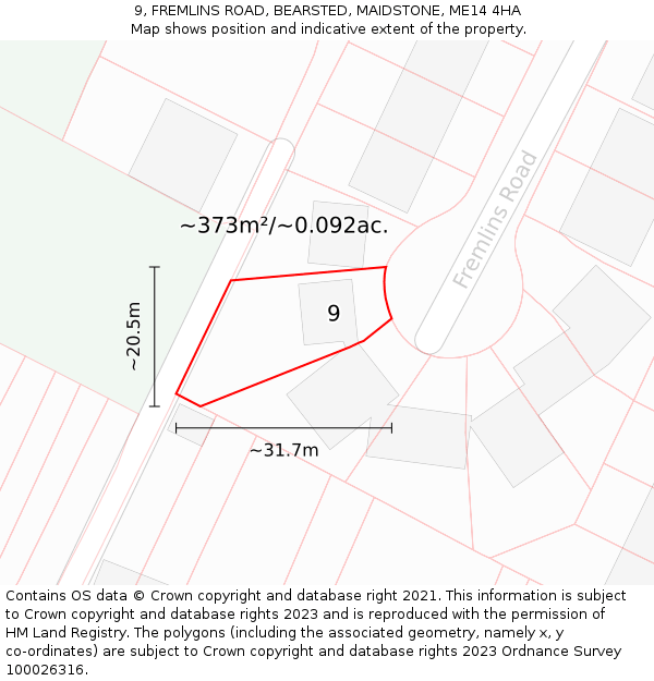 9, FREMLINS ROAD, BEARSTED, MAIDSTONE, ME14 4HA: Plot and title map