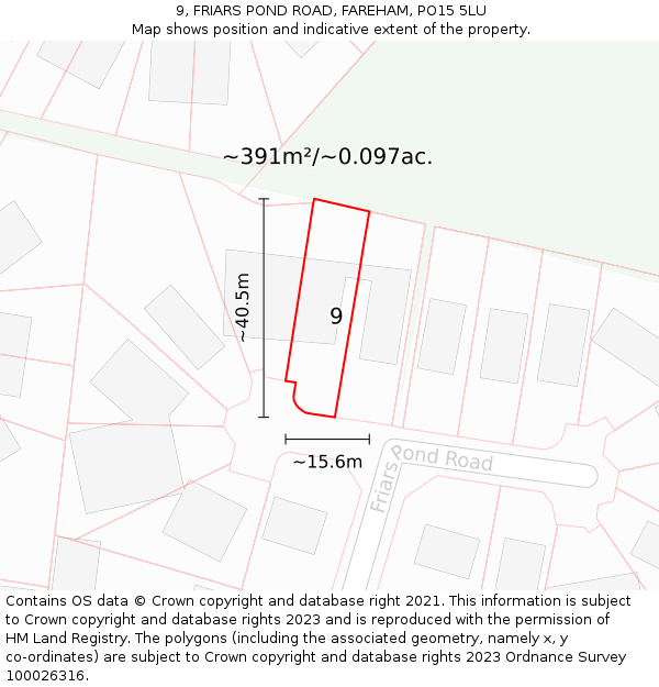9, FRIARS POND ROAD, FAREHAM, PO15 5LU: Plot and title map