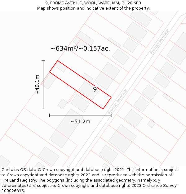 9, FROME AVENUE, WOOL, WAREHAM, BH20 6ER: Plot and title map