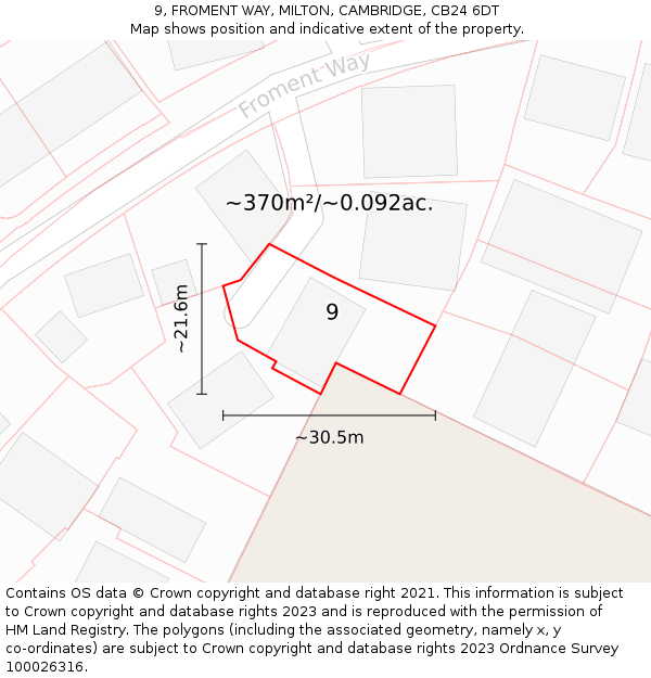 9, FROMENT WAY, MILTON, CAMBRIDGE, CB24 6DT: Plot and title map
