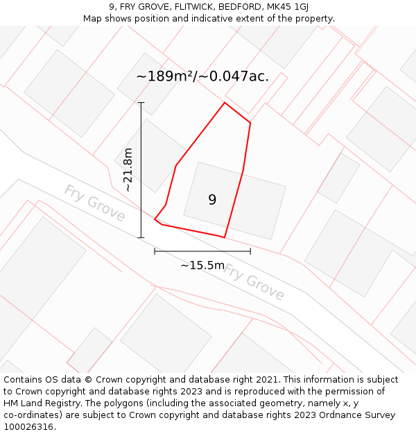 9, FRY GROVE, FLITWICK, BEDFORD, MK45 1GJ: Plot and title map