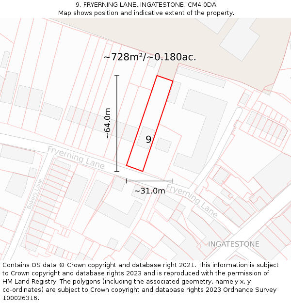 9, FRYERNING LANE, INGATESTONE, CM4 0DA: Plot and title map