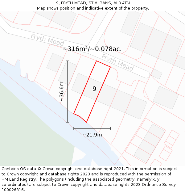 9, FRYTH MEAD, ST ALBANS, AL3 4TN: Plot and title map