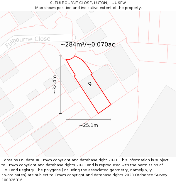 9, FULBOURNE CLOSE, LUTON, LU4 9PW: Plot and title map