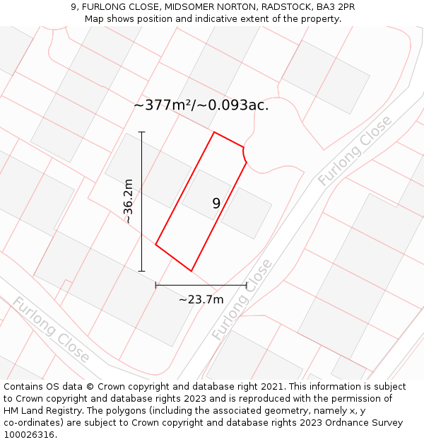 9, FURLONG CLOSE, MIDSOMER NORTON, RADSTOCK, BA3 2PR: Plot and title map