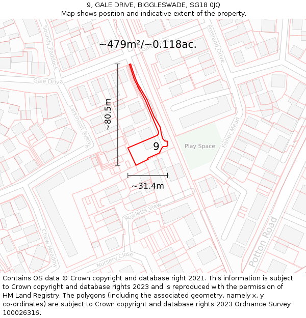 9, GALE DRIVE, BIGGLESWADE, SG18 0JQ: Plot and title map