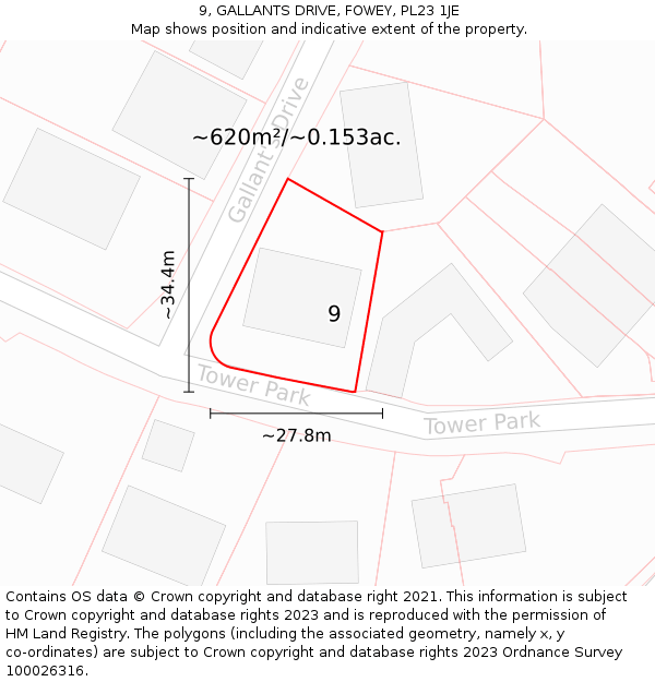 9, GALLANTS DRIVE, FOWEY, PL23 1JE: Plot and title map