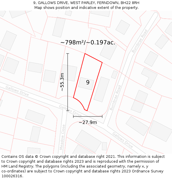 9, GALLOWS DRIVE, WEST PARLEY, FERNDOWN, BH22 8RH: Plot and title map