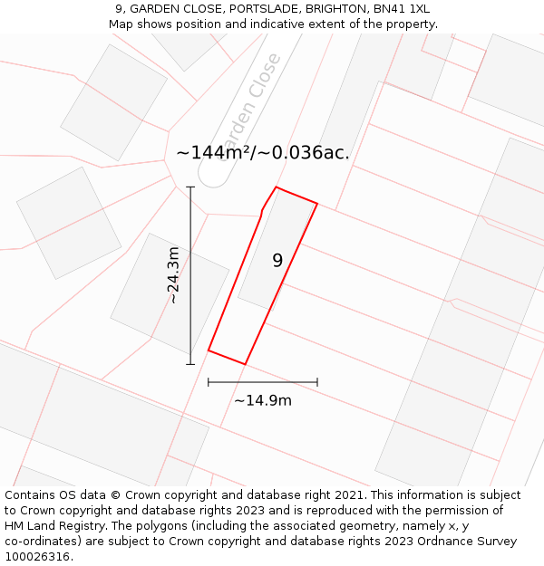 9, GARDEN CLOSE, PORTSLADE, BRIGHTON, BN41 1XL: Plot and title map