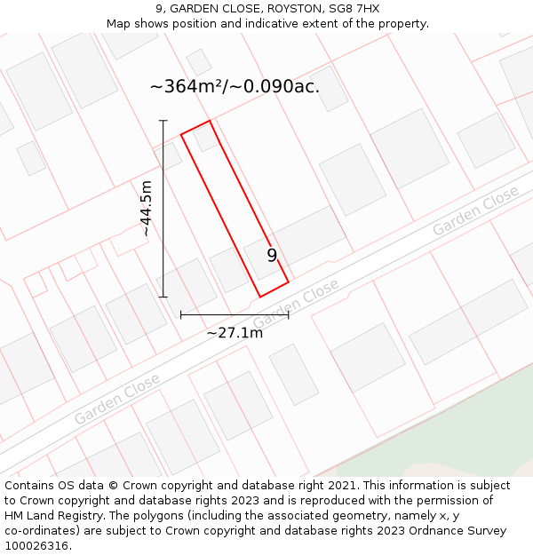 9, GARDEN CLOSE, ROYSTON, SG8 7HX: Plot and title map