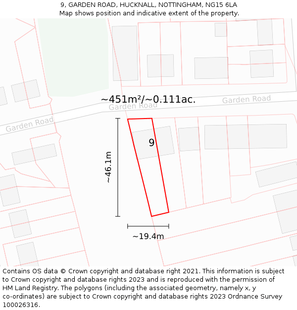 9, GARDEN ROAD, HUCKNALL, NOTTINGHAM, NG15 6LA: Plot and title map