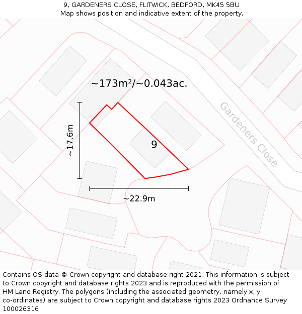 9, GARDENERS CLOSE, FLITWICK, BEDFORD, MK45 5BU: Plot and title map