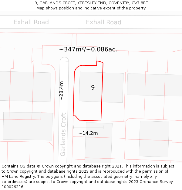 9, GARLANDS CROFT, KERESLEY END, COVENTRY, CV7 8RE: Plot and title map