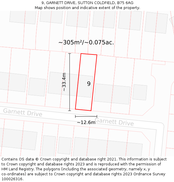 9, GARNETT DRIVE, SUTTON COLDFIELD, B75 6AG: Plot and title map