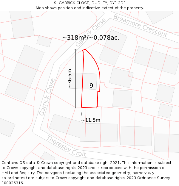 9, GARRICK CLOSE, DUDLEY, DY1 3DF: Plot and title map