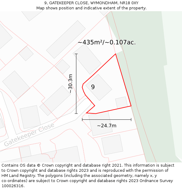9, GATEKEEPER CLOSE, WYMONDHAM, NR18 0XY: Plot and title map