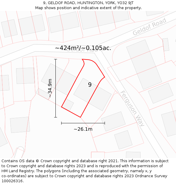 9, GELDOF ROAD, HUNTINGTON, YORK, YO32 9JT: Plot and title map