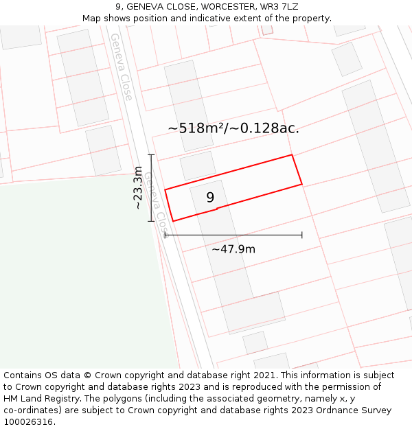 9, GENEVA CLOSE, WORCESTER, WR3 7LZ: Plot and title map