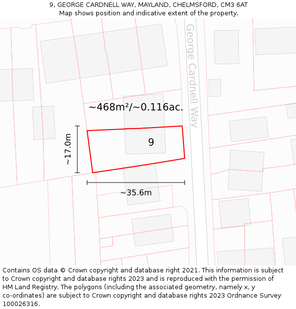 9, GEORGE CARDNELL WAY, MAYLAND, CHELMSFORD, CM3 6AT: Plot and title map