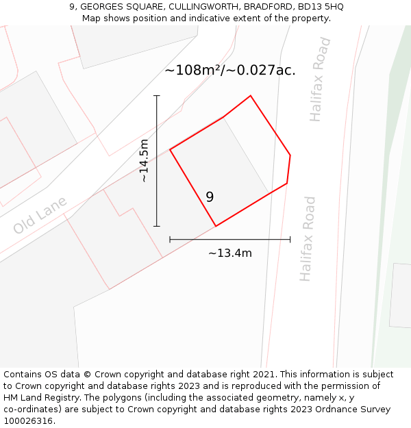 9, GEORGES SQUARE, CULLINGWORTH, BRADFORD, BD13 5HQ: Plot and title map
