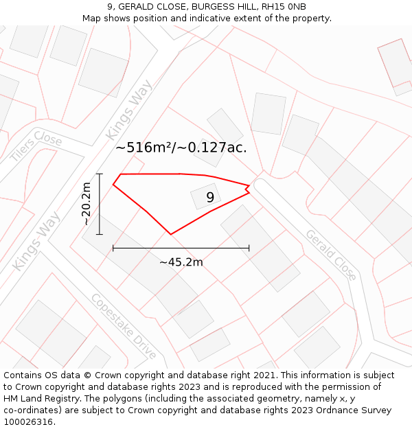 9, GERALD CLOSE, BURGESS HILL, RH15 0NB: Plot and title map