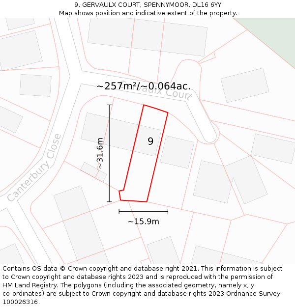 9, GERVAULX COURT, SPENNYMOOR, DL16 6YY: Plot and title map