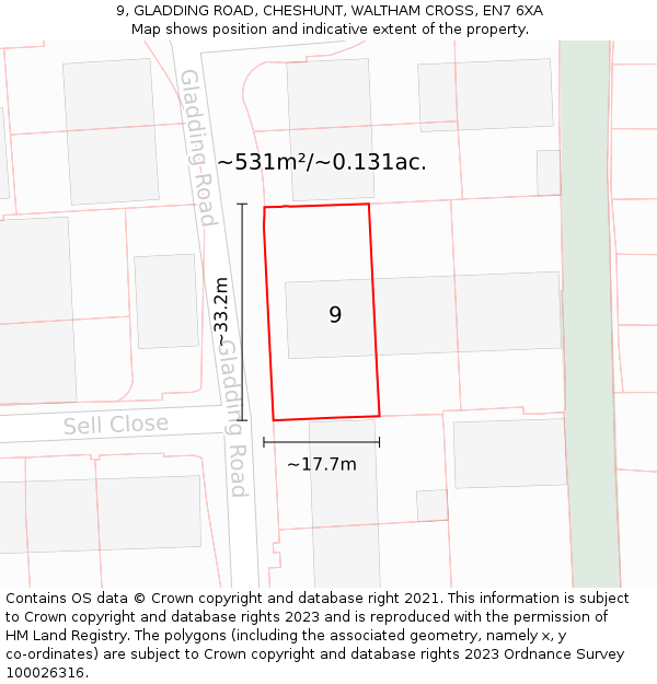 9, GLADDING ROAD, CHESHUNT, WALTHAM CROSS, EN7 6XA: Plot and title map