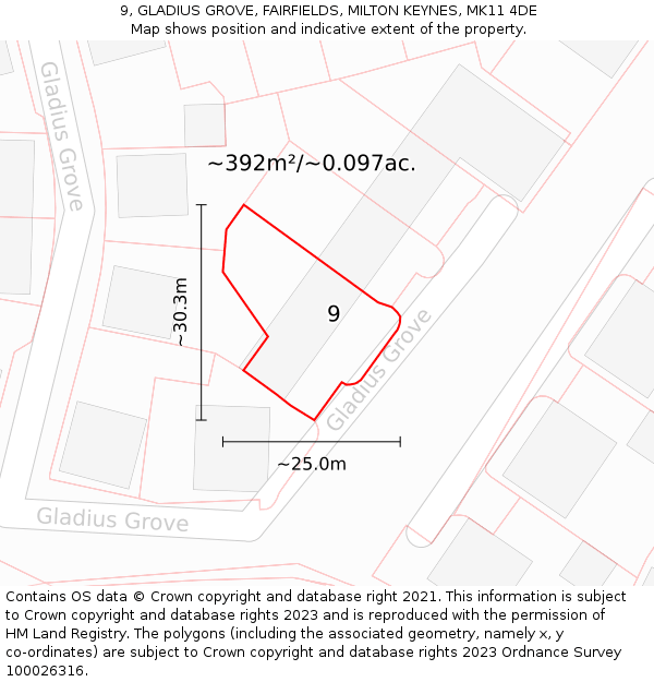 9, GLADIUS GROVE, FAIRFIELDS, MILTON KEYNES, MK11 4DE: Plot and title map