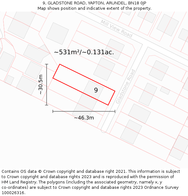 9, GLADSTONE ROAD, YAPTON, ARUNDEL, BN18 0JP: Plot and title map