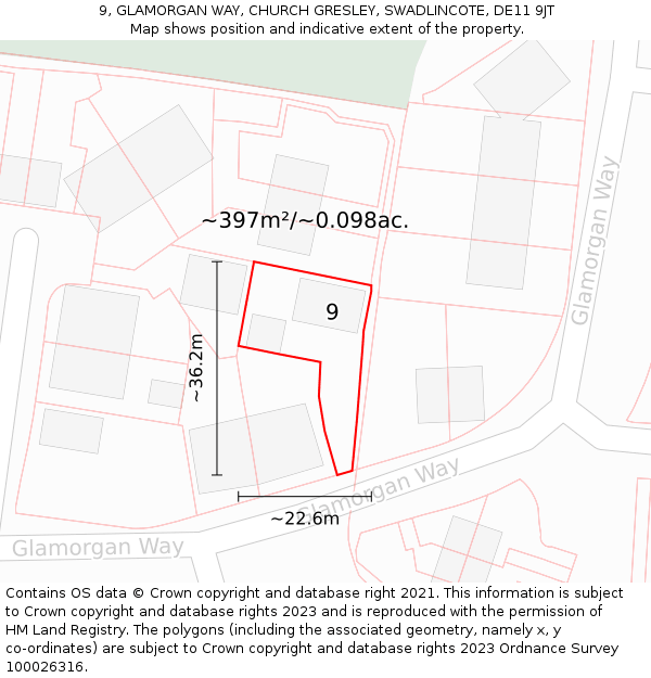 9, GLAMORGAN WAY, CHURCH GRESLEY, SWADLINCOTE, DE11 9JT: Plot and title map