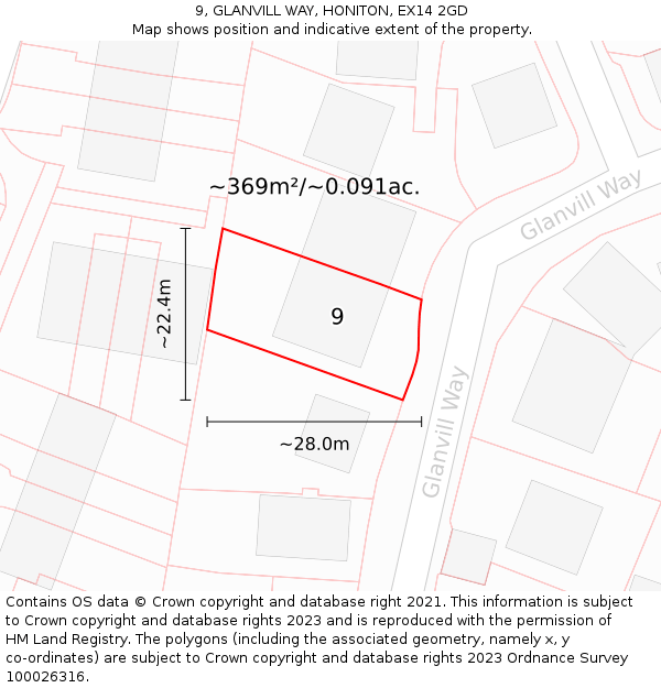 9, GLANVILL WAY, HONITON, EX14 2GD: Plot and title map