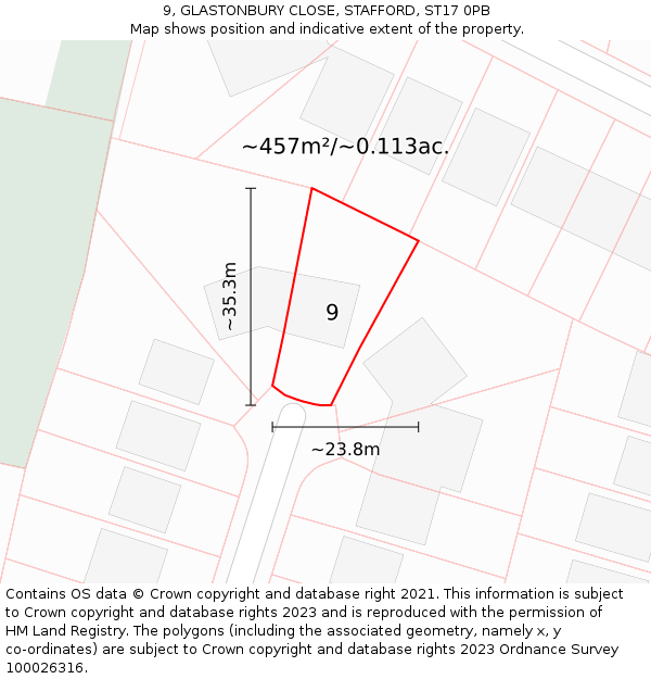 9, GLASTONBURY CLOSE, STAFFORD, ST17 0PB: Plot and title map