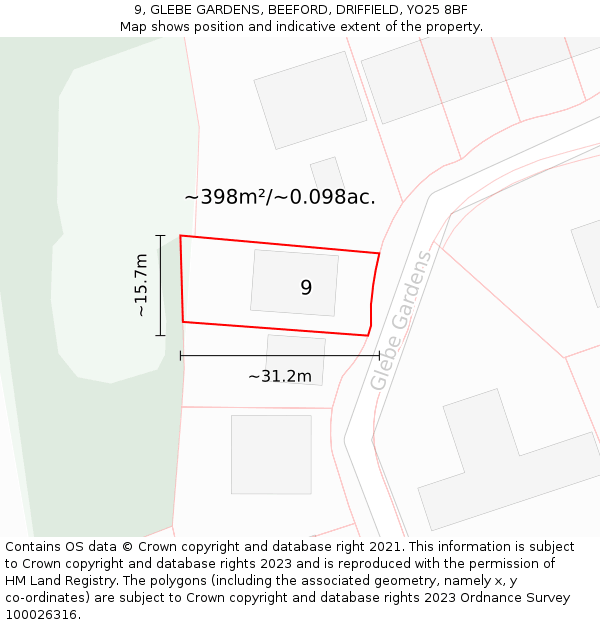 9, GLEBE GARDENS, BEEFORD, DRIFFIELD, YO25 8BF: Plot and title map