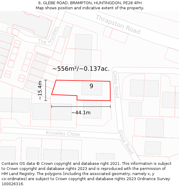 9, GLEBE ROAD, BRAMPTON, HUNTINGDON, PE28 4PH: Plot and title map