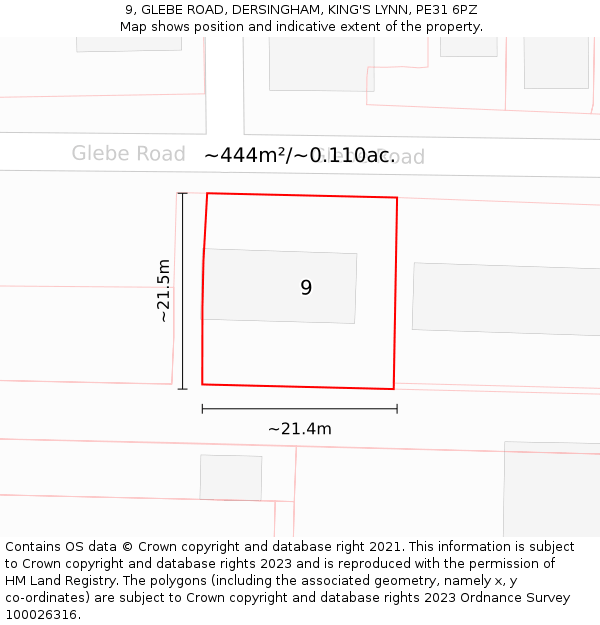 9, GLEBE ROAD, DERSINGHAM, KING'S LYNN, PE31 6PZ: Plot and title map