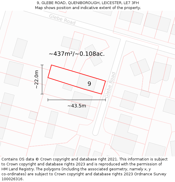 9, GLEBE ROAD, QUENIBOROUGH, LEICESTER, LE7 3FH: Plot and title map
