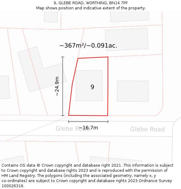 9, GLEBE ROAD, WORTHING, BN14 7PF: Plot and title map