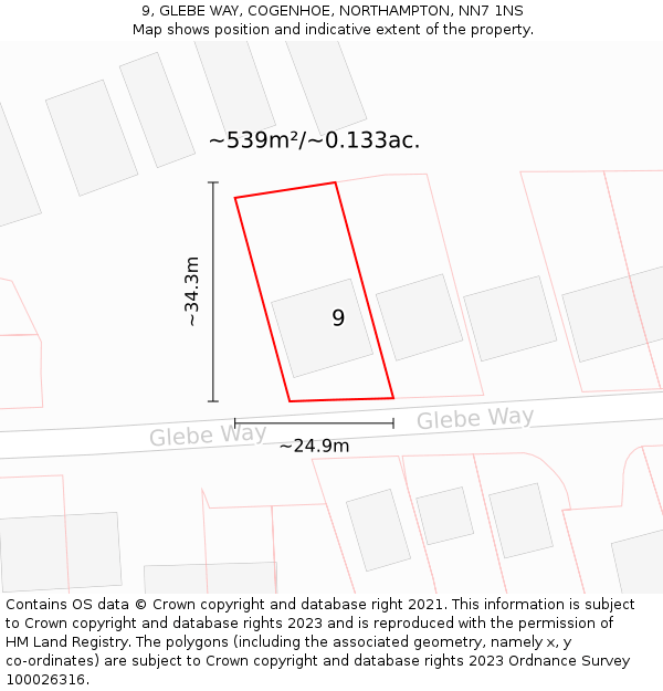 9, GLEBE WAY, COGENHOE, NORTHAMPTON, NN7 1NS: Plot and title map